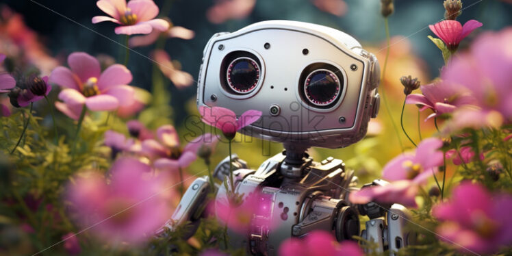 A cute robot in a field of flowers - Starpik Stock