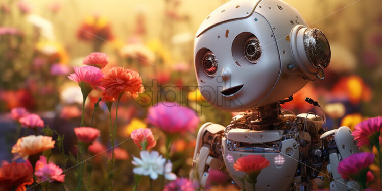 A cute robot in a field of flowers - Starpik Stock