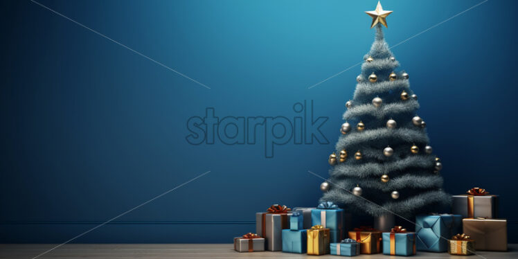 A decorated Christmas tree against the background of a dark blue wall - Starpik Stock