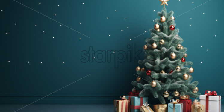 A decorated Christmas tree against the background of a dark blue wall - Starpik Stock