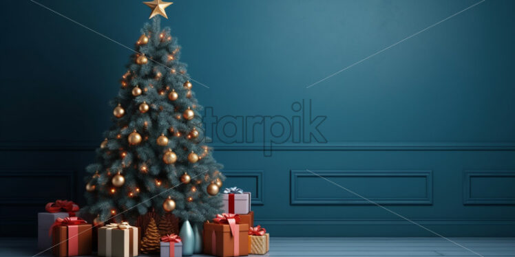 A decorated Christmas tree against the background of a dark blue wall - Starpik Stock