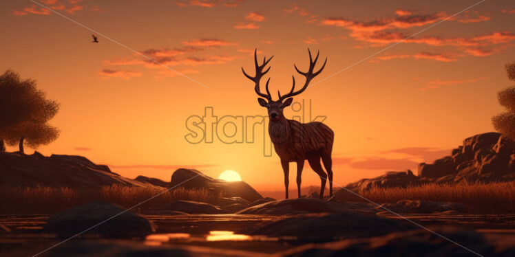 A deer on a field at sunset - Starpik Stock