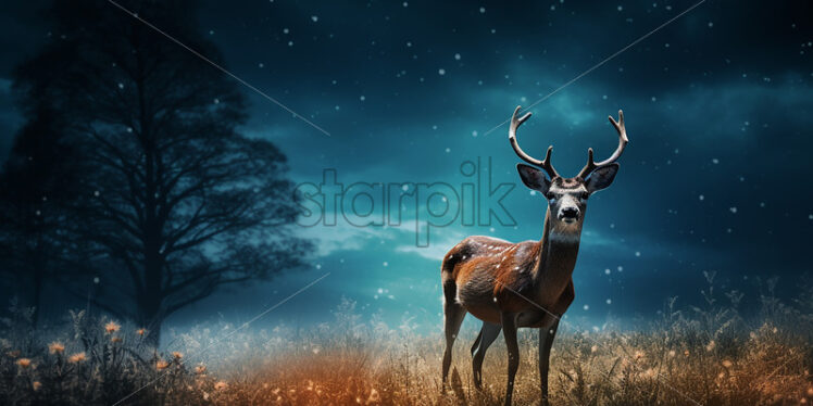 A deer on a plain at night under the full moon - Starpik Stock