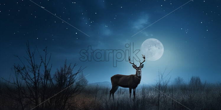 A deer on a plain at night under the full moon - Starpik Stock