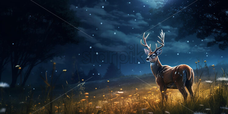 A deer on a plain at night under the full moon - Starpik Stock