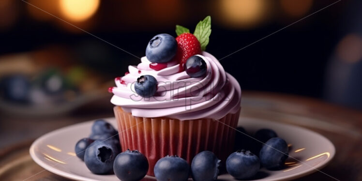 A delicious blueberry and raspberry cupcake on a plate - Starpik Stock