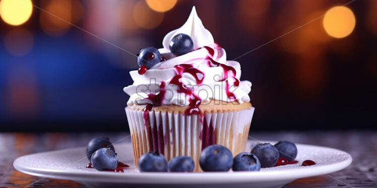 A delicious blueberry and raspberry cupcake on a plate - Starpik Stock