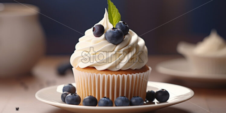 A delicious blueberry and raspberry cupcake on a plate - Starpik Stock