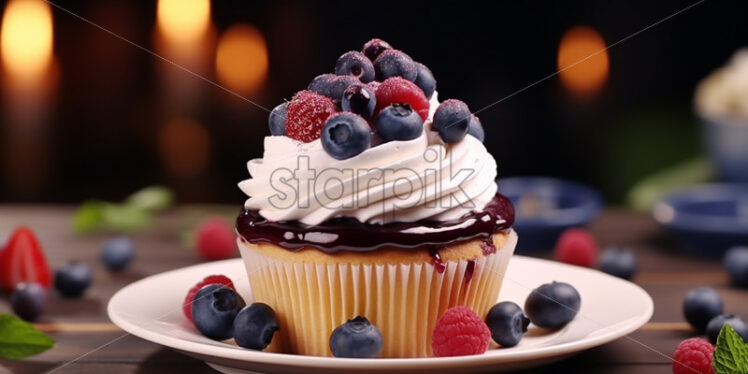 A delicious blueberry and raspberry cupcake on a plate - Starpik Stock