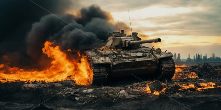 A destroyed tank in a field - Starpik Stock