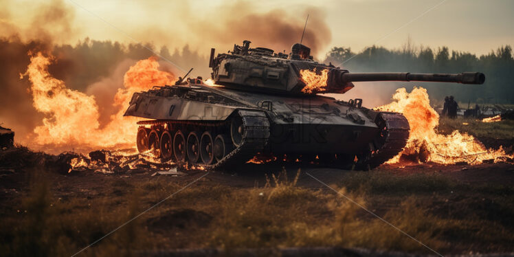 A destroyed tank in a field - Starpik Stock