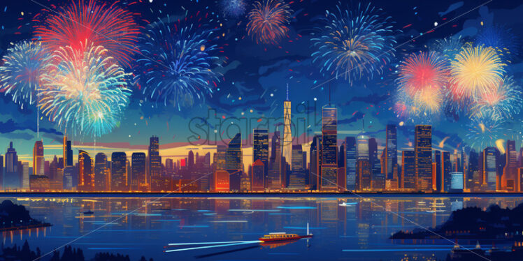 A digital illustration of a city with fireworks - Starpik Stock