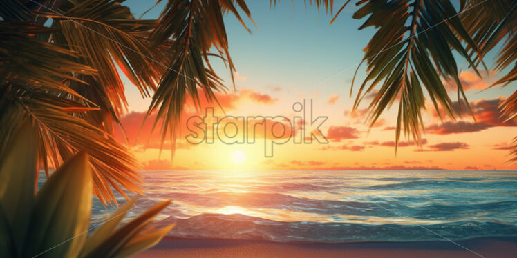 A digital painting of the sunset on a beach - Starpik Stock