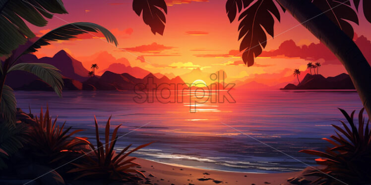 A digital painting of the sunset on a beach - Starpik Stock