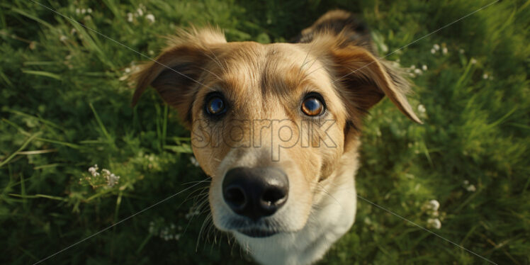 A dog in the grass looking up at the camera - Starpik Stock