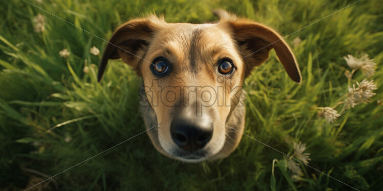 A dog in the grass looking up at the camera - Starpik Stock