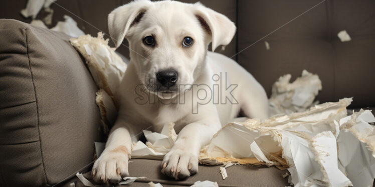 A dog that destroyed a couch - Starpik Stock