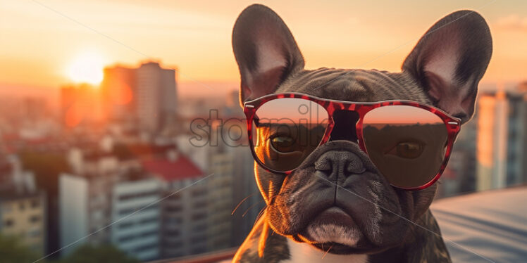 A dog with glasses on the background of a city at sunset - Starpik Stock