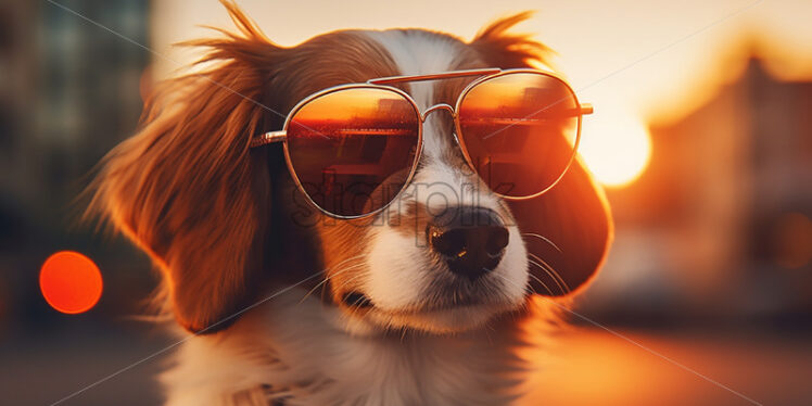 A dog with glasses on the background of a city at sunset - Starpik Stock