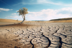 A dry field, with cracked earth and dry vegetation - Starpik Stock