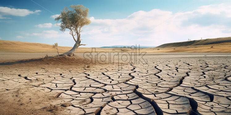 A dry field, with cracked earth and dry vegetation - Starpik Stock