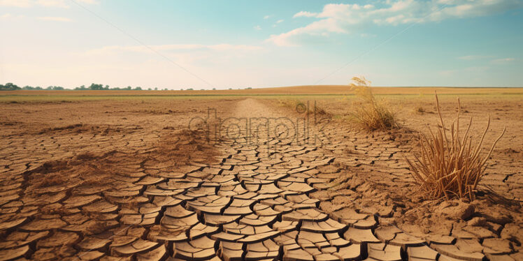 A dry field, with cracked earth and dry vegetation - Starpik Stock