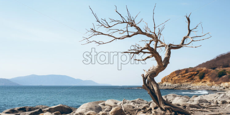 A dry tree on the shore of a sea - Starpik Stock