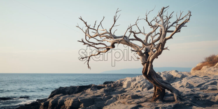 A dry tree on the shore of a sea - Starpik Stock