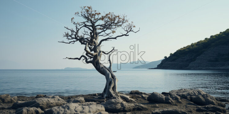 A dry tree on the shore of a sea - Starpik Stock