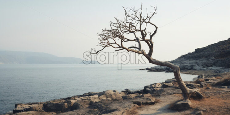 A dry tree on the shore of a sea - Starpik Stock