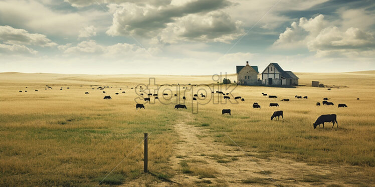 A farm in the village with animals grazing next to it - Starpik Stock