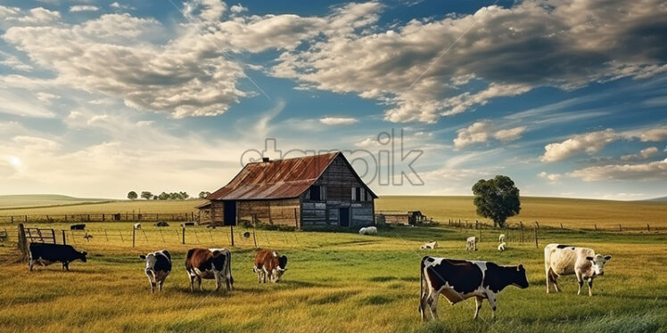 A farm in the village with animals grazing next to it - Starpik Stock