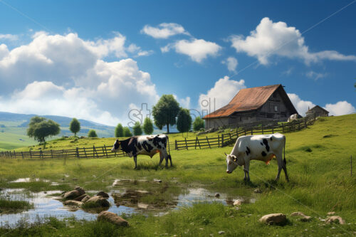 A farm in the village with animals grazing next to it - Starpik Stock