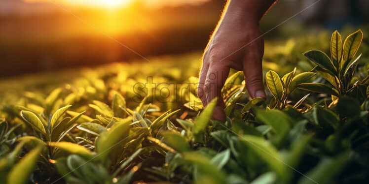 A farmer checks the condition of the tea leaves - Starpik Stock