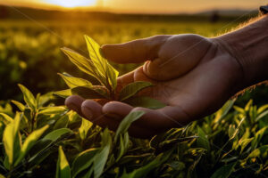 A farmer checks the condition of the tea leaves - Starpik Stock