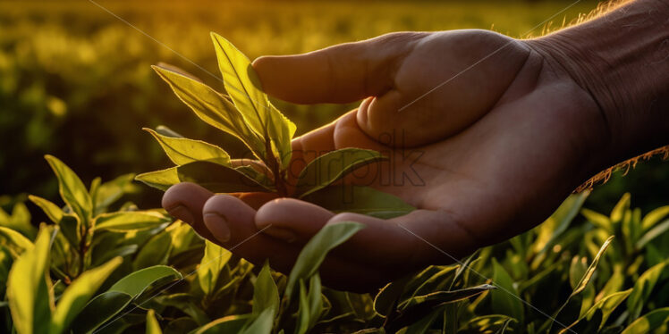 A farmer checks the condition of the tea leaves - Starpik Stock