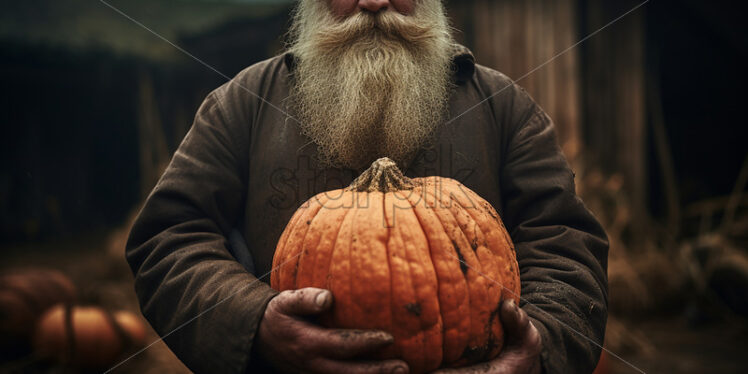 A farmer holding a pumpkin in his arms - Starpik Stock