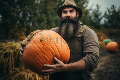 A farmer holding a pumpkin in his arms - Starpik Stock