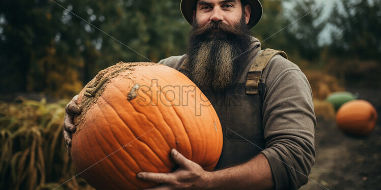 A farmer holding a pumpkin in his arms - Starpik Stock