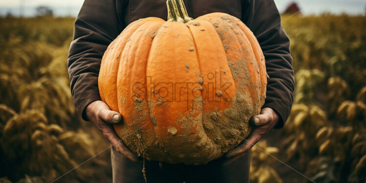 A farmer holding a pumpkin in his arms - Starpik Stock