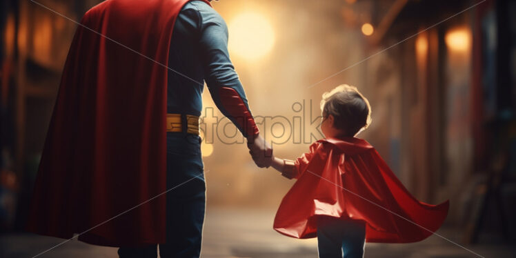 A father in a superhero costume holding hands with a boy - Starpik Stock