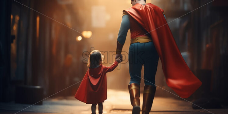 A father in a superhero costume holding hands with a boy - Starpik Stock