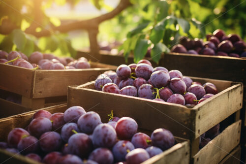 A few baskets of fresh plums in an orchard - Starpik Stock