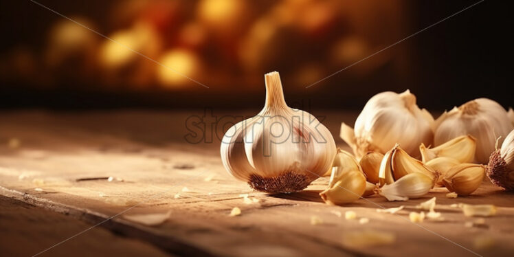 A few cloves of garlic on a wooden table - Starpik Stock