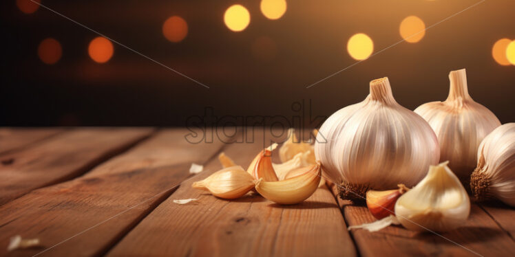 A few cloves of garlic on a wooden table - Starpik Stock