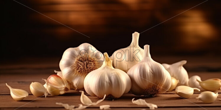 A few cloves of garlic on a wooden table - Starpik Stock