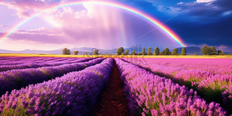 A field of lavender after the rain, a wonderful rainbow in the sky - Starpik Stock