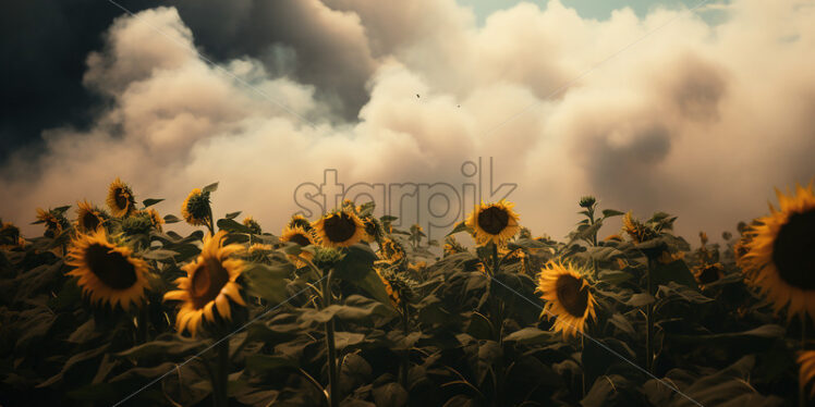 A field of sunflowers in smoke - Starpik Stock