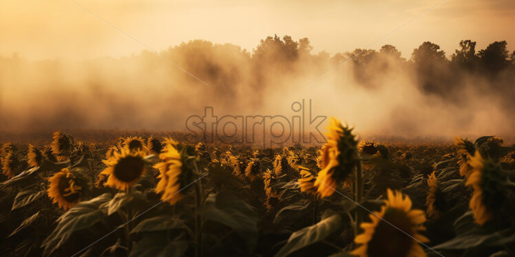 A field of sunflowers in smoke - Starpik Stock