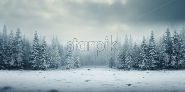 A field with Fir trees during a snowstorm - Starpik Stock